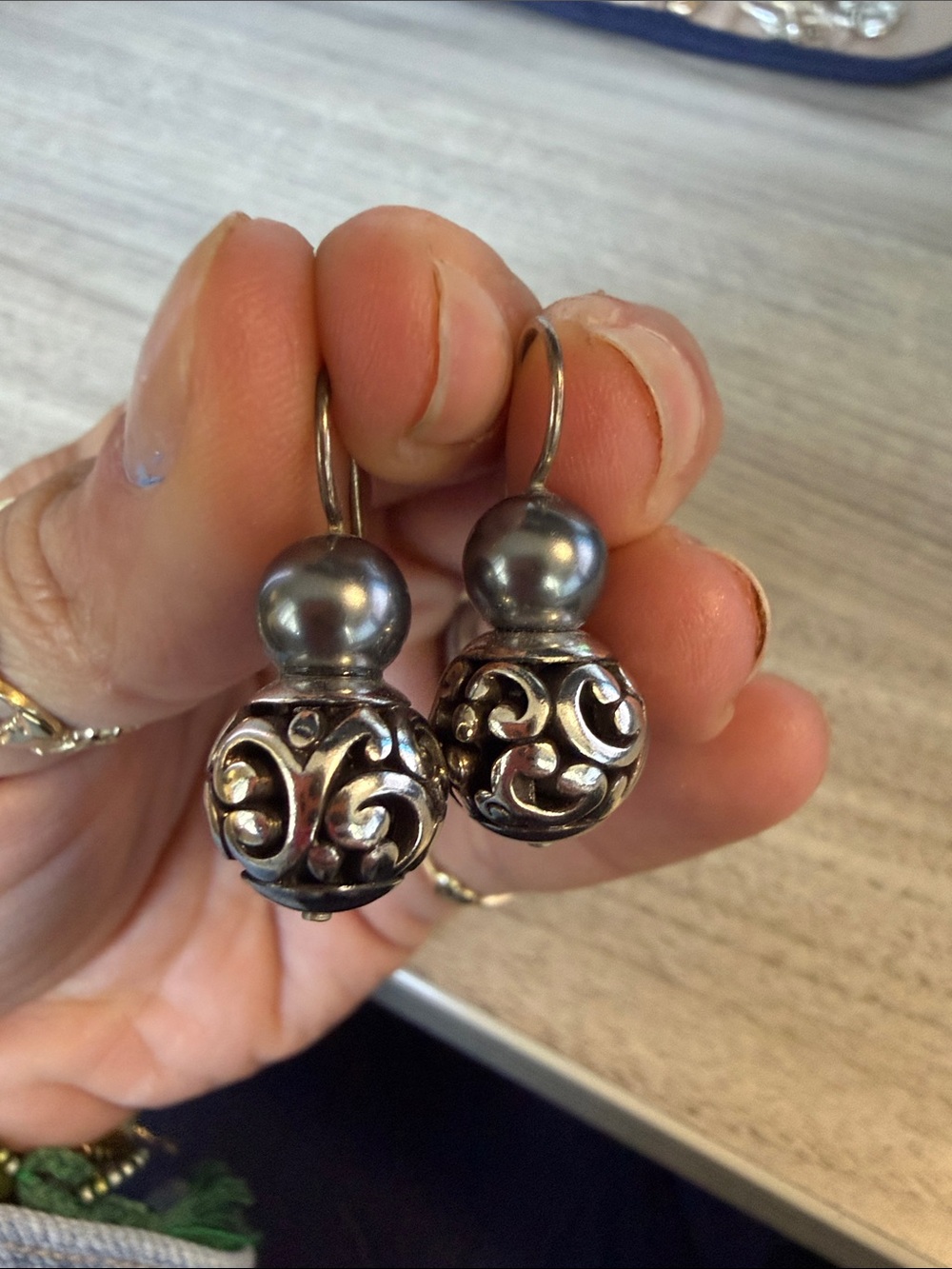 Brighton Silver Filigree Drop Earrings with Gray Pearls